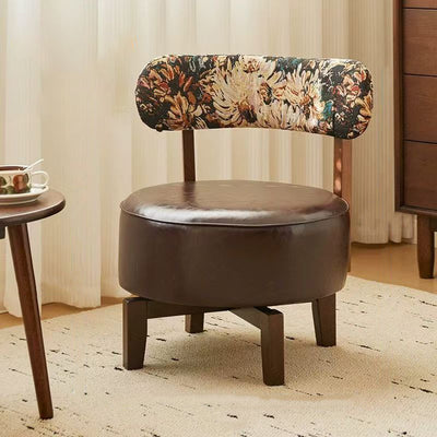 Modern Transitional Round Oil-Waxed Leather Solid Wood Swivel Chair Sunflower Pattern Backrest For Living Room