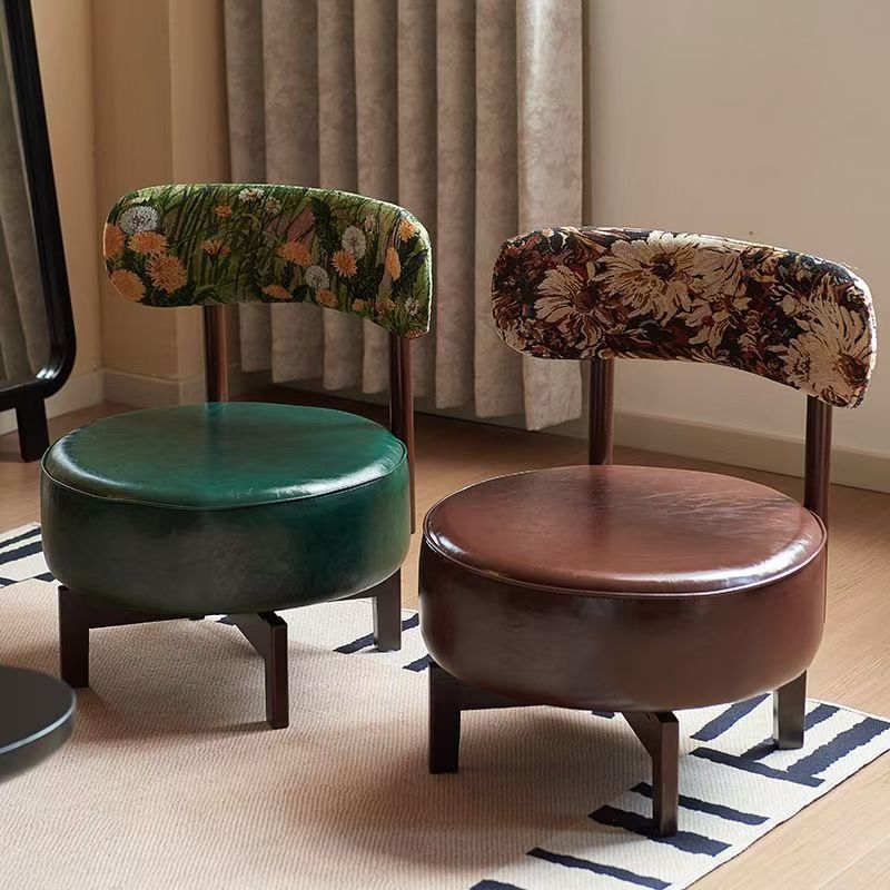 Modern Transitional Round Oil-Waxed Leather Solid Wood Swivel Chair Sunflower Pattern Backrest For Living Room