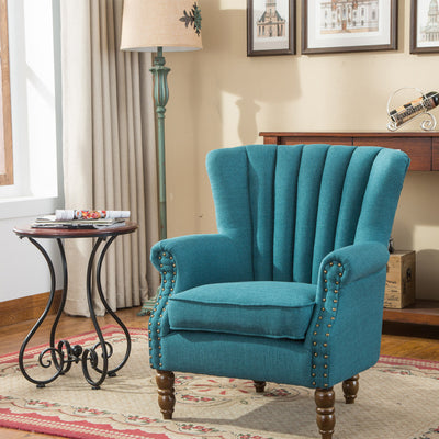 Silla de acento tapizada con tela europea tradicional, sillón con respaldo de ala, ribete de clavos y reposabrazos para oficina en casa 