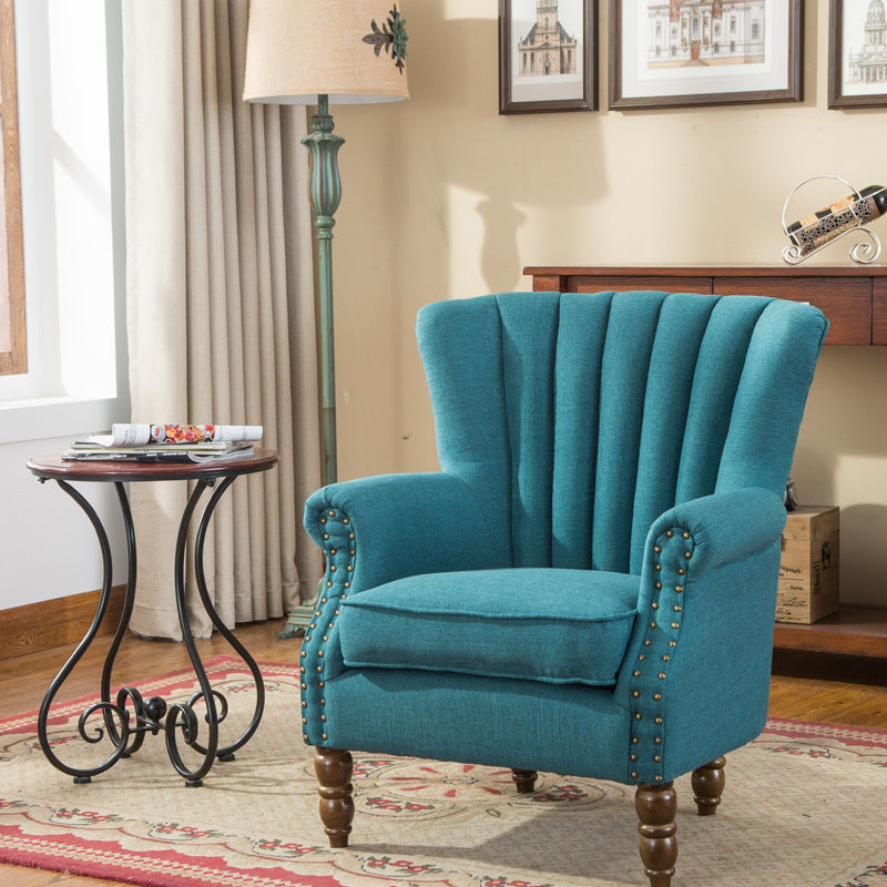 Silla de acento tapizada con tela europea tradicional, sillón con respaldo de ala, ribete de clavos y reposabrazos para oficina en casa 