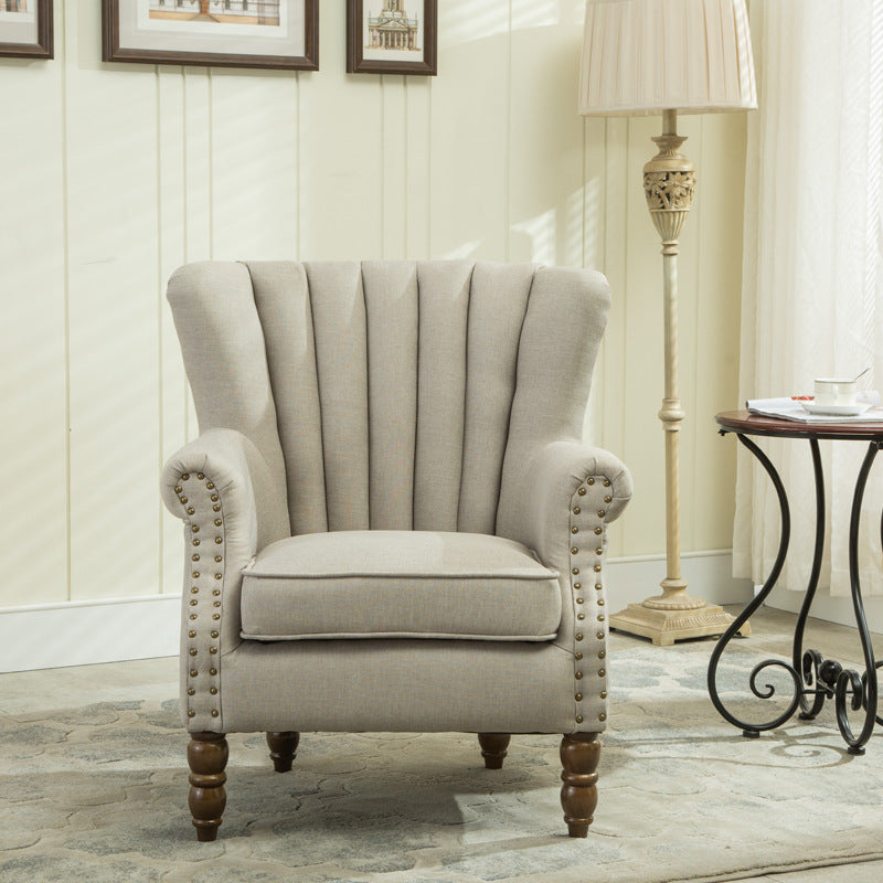 Silla de acento tapizada con tela europea tradicional, sillón con respaldo de ala, ribete de clavos y reposabrazos para oficina en casa 