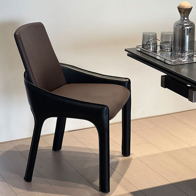 Silla de comedor moderna minimalista rectangular de metal y cuero con respaldo y reposabrazos para comedor 