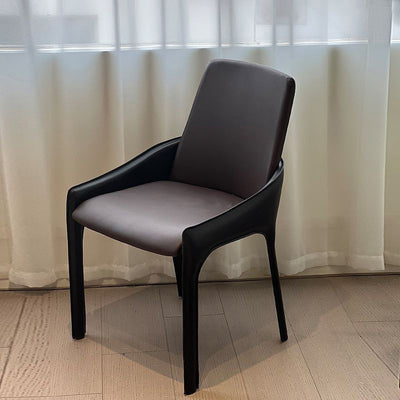 Silla de comedor moderna minimalista rectangular de metal y cuero con respaldo y reposabrazos para comedor 