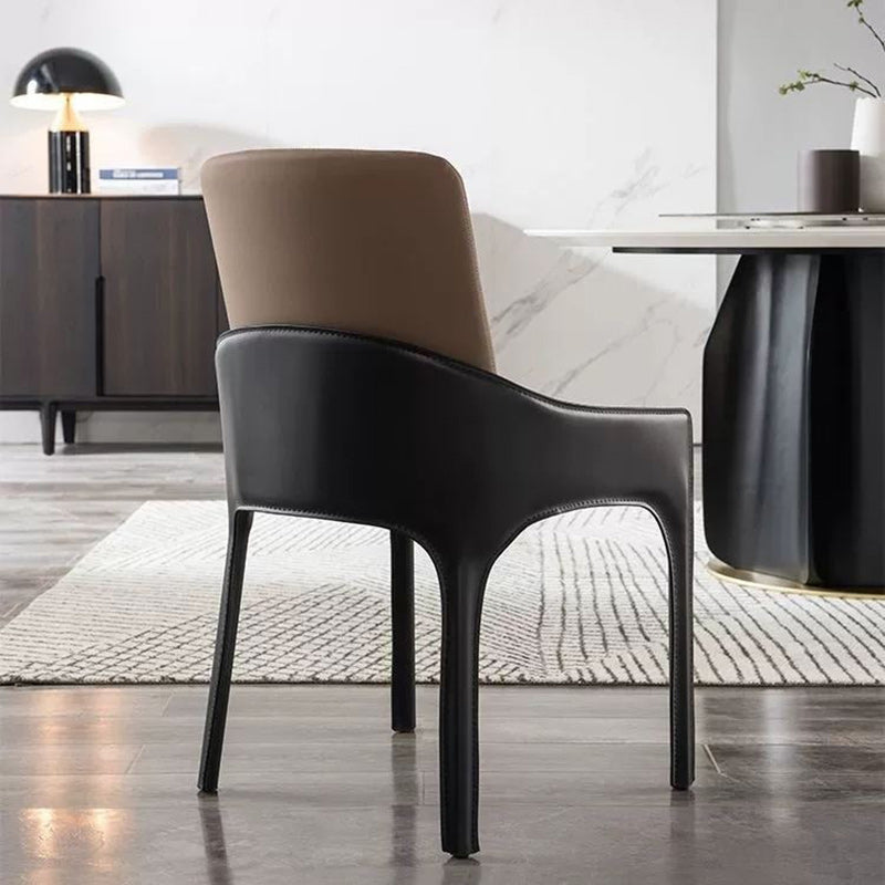 Silla de comedor moderna minimalista rectangular de metal y cuero con respaldo y reposabrazos para comedor 