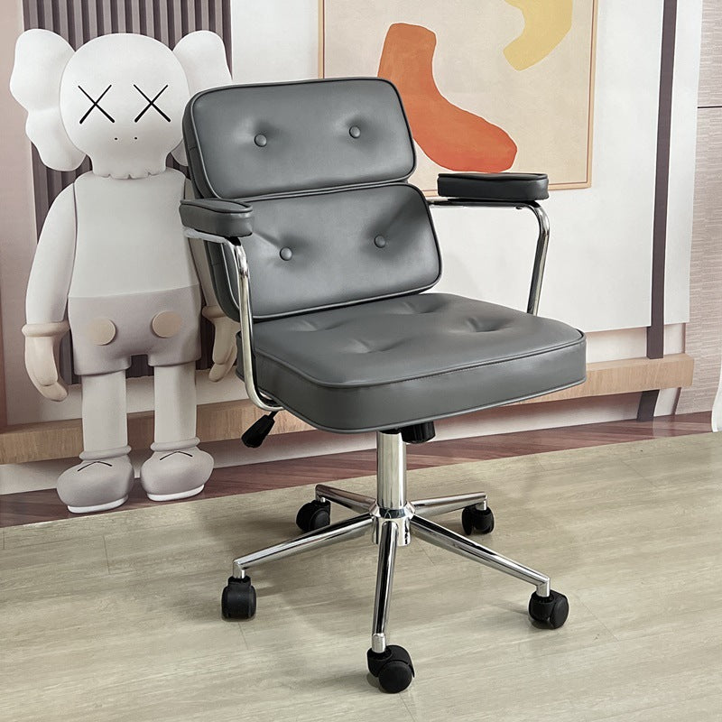 Moderner minimalistischer drehbarer rechteckiger quadratischer Metall-Leder-Schreibtischstuhl mit Rückenlehne und Armlehne für das Heimbüro 