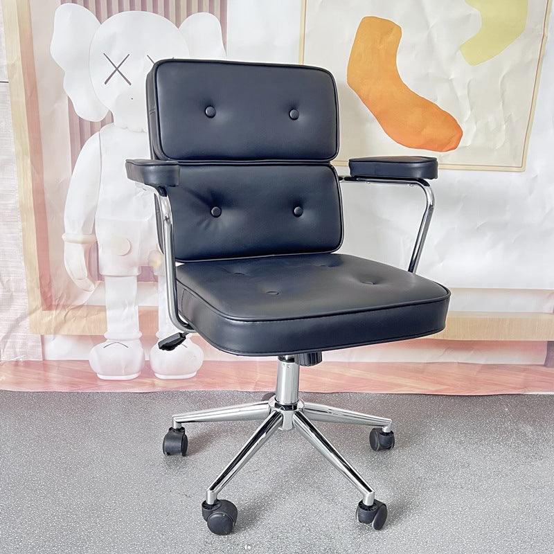 Moderner minimalistischer drehbarer rechteckiger quadratischer Metall-Leder-Schreibtischstuhl mit Rückenlehne und Armlehne für das Heimbüro 