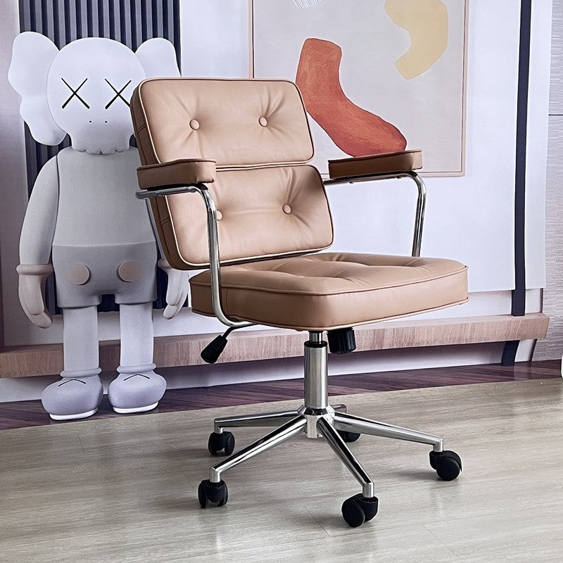 Moderner minimalistischer drehbarer rechteckiger quadratischer Metall-Leder-Schreibtischstuhl mit Rückenlehne und Armlehne für das Heimbüro 