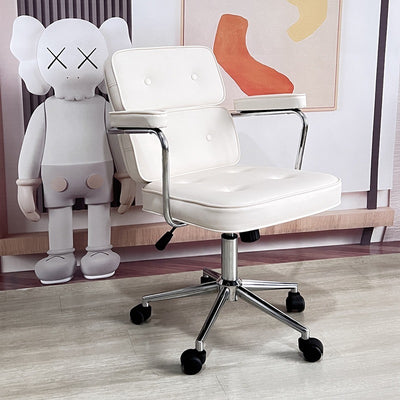 Moderner minimalistischer drehbarer rechteckiger quadratischer Metall-Leder-Schreibtischstuhl mit Rückenlehne und Armlehne für das Heimbüro 