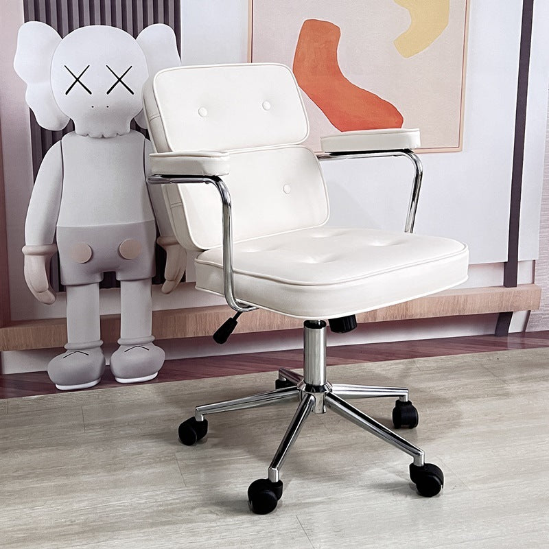 Moderner minimalistischer drehbarer rechteckiger quadratischer Metall-Leder-Schreibtischstuhl mit Rückenlehne und Armlehne für das Heimbüro 