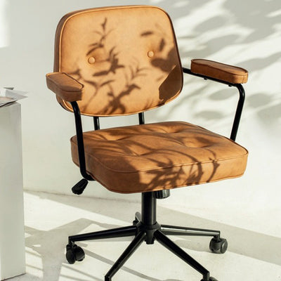 Moderner minimalistischer drehbarer rechteckiger quadratischer Metall-Leder-Schreibtischstuhl mit Rückenlehne und Armlehne für das Heimbüro 