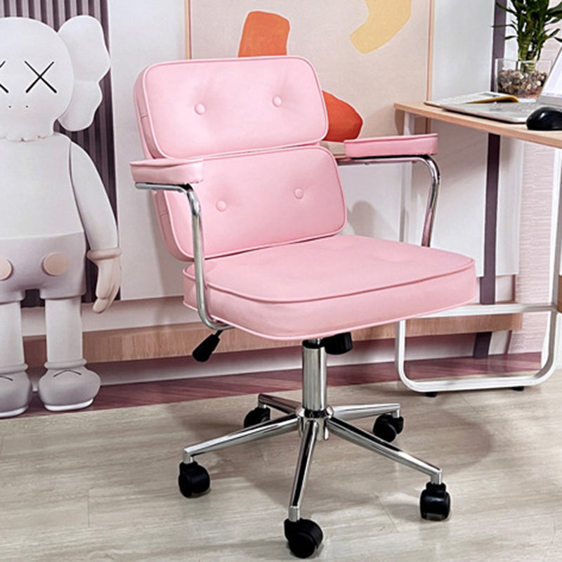Moderner minimalistischer drehbarer rechteckiger quadratischer Metall-Leder-Schreibtischstuhl mit Rückenlehne und Armlehne für das Heimbüro 