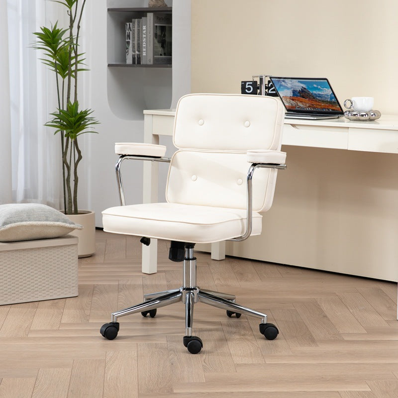 Moderner minimalistischer drehbarer rechteckiger quadratischer Metall-Leder-Schreibtischstuhl mit Rückenlehne und Armlehne für das Heimbüro 