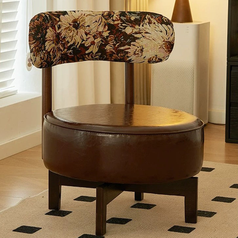 Traditional Vintage Swivel Round Wood Leather Chair Backrest For Living Room
