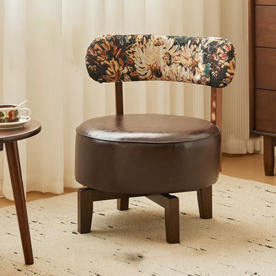 Traditional Vintage Swivel Round Wood Leather Chair Backrest For Living Room