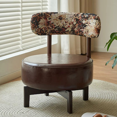 Traditional Vintage Swivel Round Wood Leather Chair Backrest For Living Room