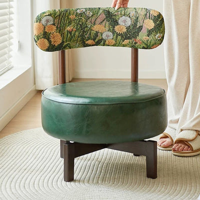 Traditional Vintage Swivel Round Wood Leather Chair Backrest For Living Room