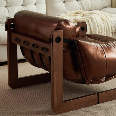 Traditional Vintage Rectangular Wood Leather Accent Chair Backrest Armrest For Living Room