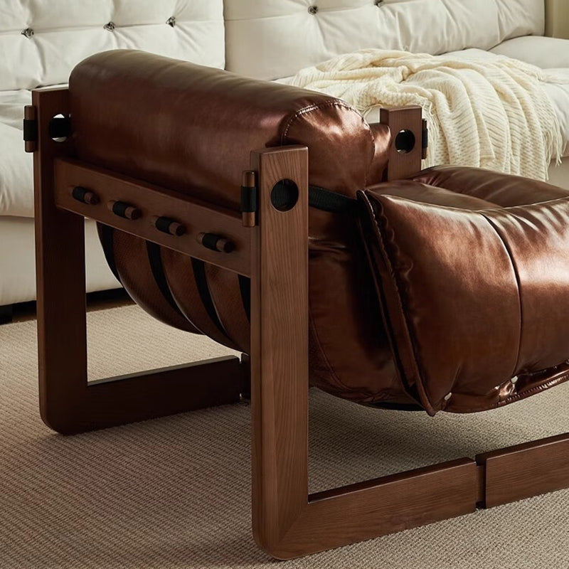 Traditional Vintage Rectangular Wood Leather Accent Chair Backrest Armrest For Living Room