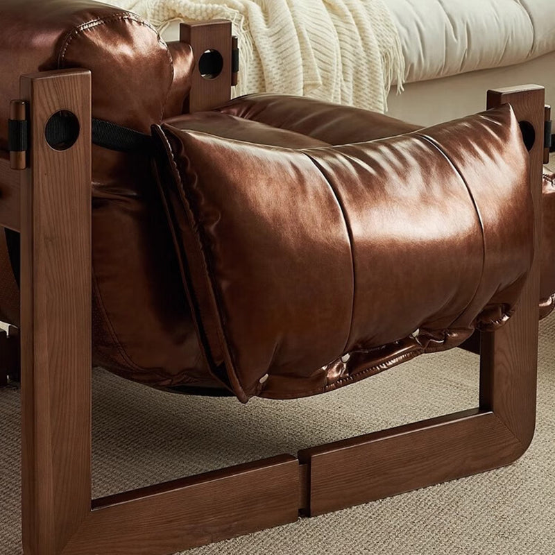 Traditional Vintage Rectangular Wood Leather Accent Chair Backrest Armrest For Living Room
