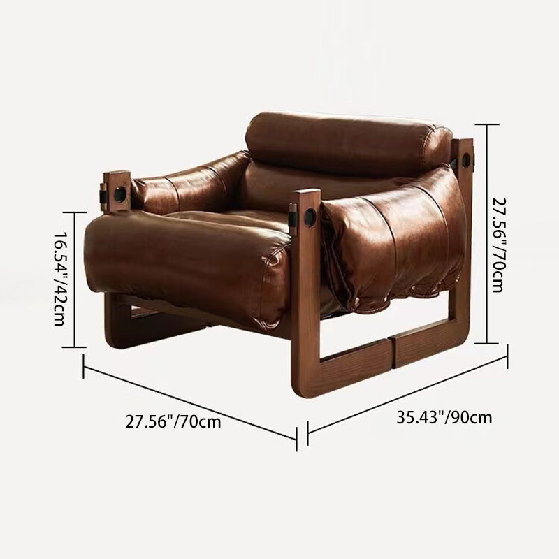 Traditional Vintage Rectangular Wood Leather Accent Chair Backrest Armrest For Living Room
