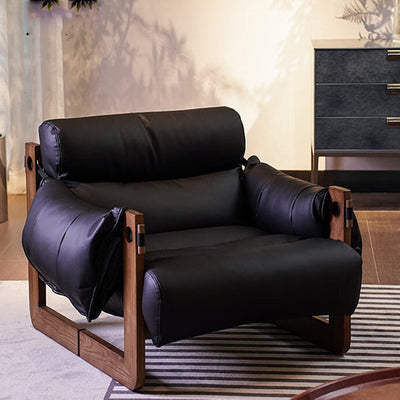Traditional Vintage Rectangular Wood Leather Accent Chair Backrest Armrest For Living Room