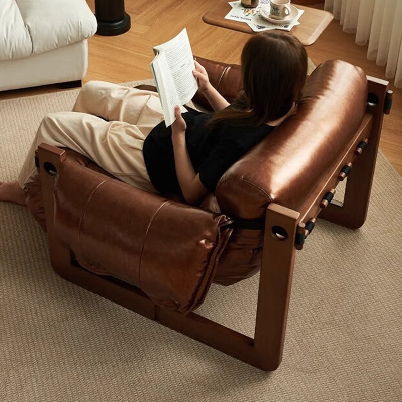 Traditional Vintage Rectangular Wood Leather Accent Chair Backrest Armrest For Living Room
