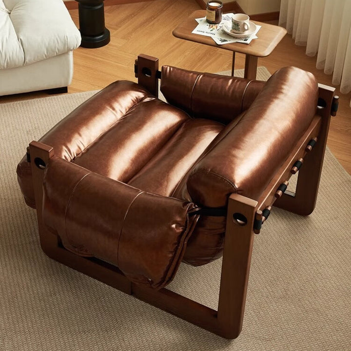 Traditional Vintage Rectangular Rubberwood Faux Oil Wax Leather Accent Chair Backrest Armrest For Living Room