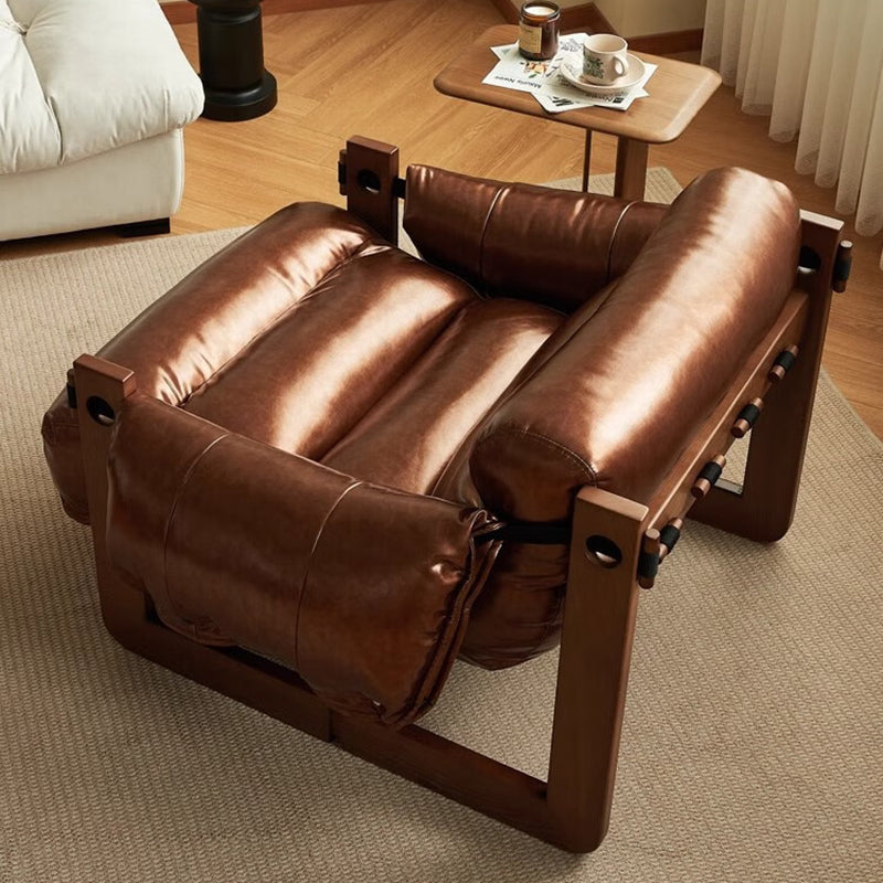 Traditional Vintage Rectangular Wood Leather Accent Chair Backrest Armrest For Living Room