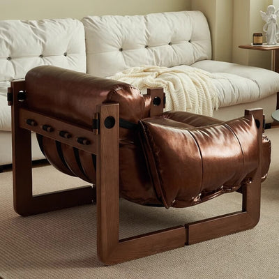 Traditional Vintage Rectangular Wood Leather Accent Chair Backrest Armrest For Living Room