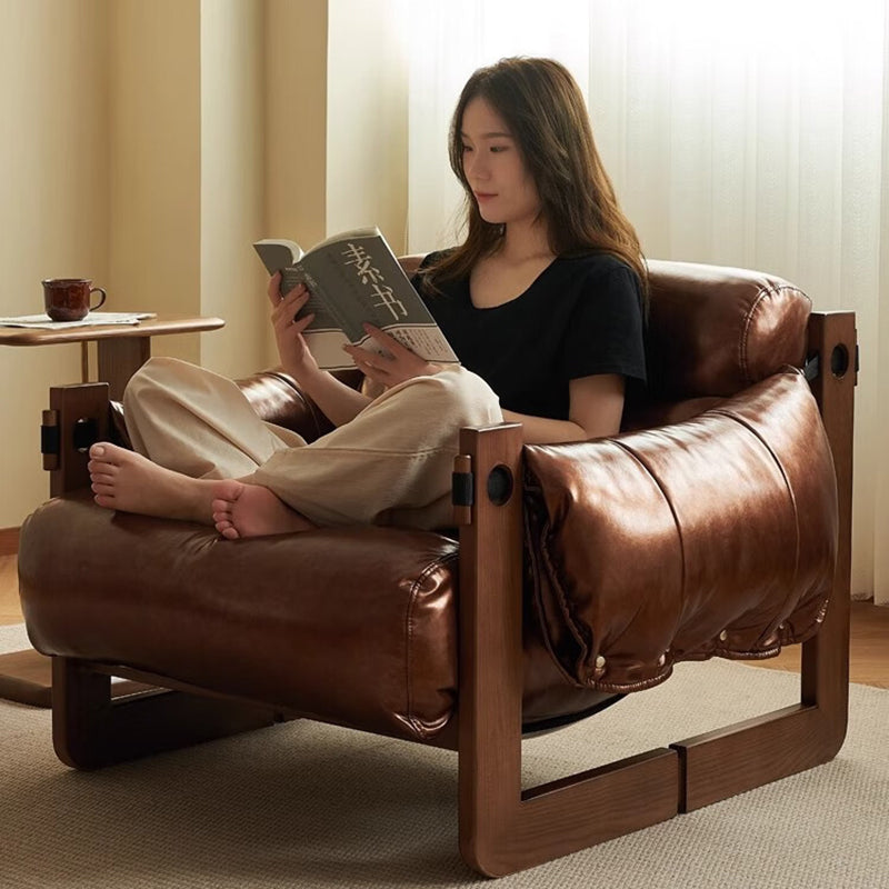 Traditional Vintage Rectangular Wood Leather Accent Chair Backrest Armrest For Living Room