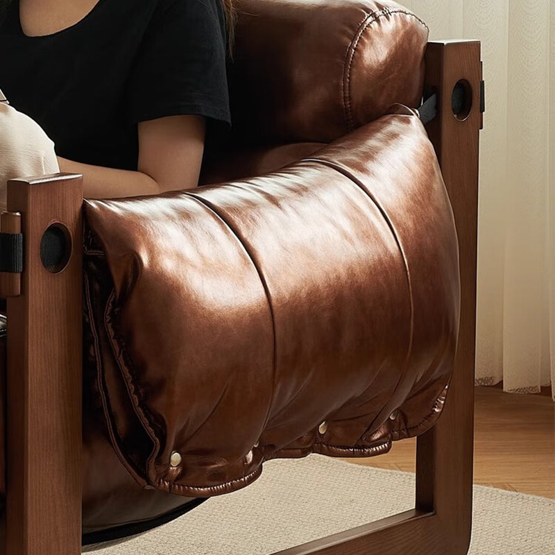 Traditional Vintage Rectangular Wood Leather Accent Chair Backrest Armrest For Living Room