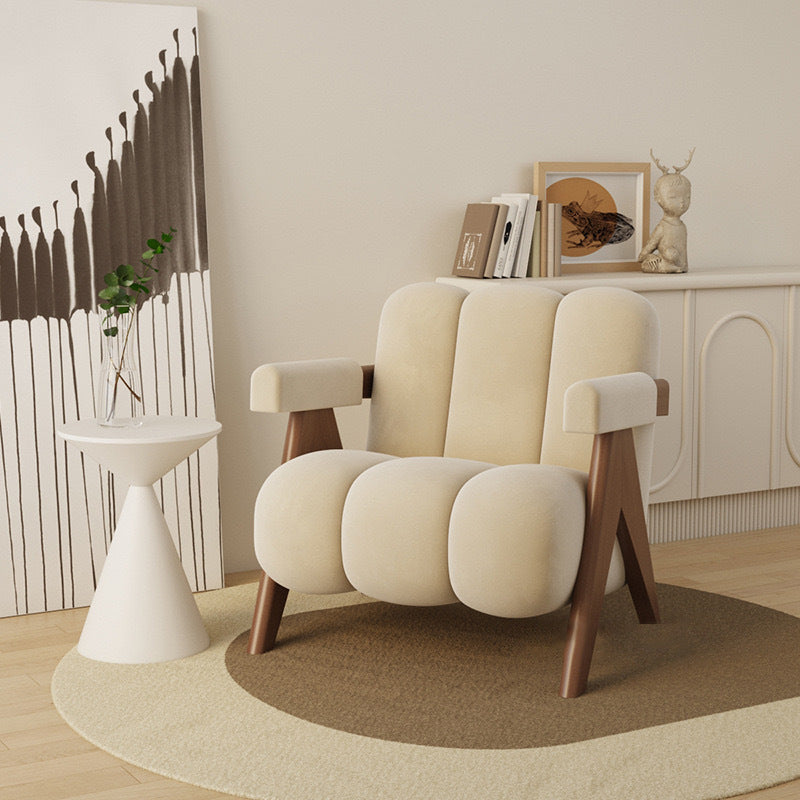 Contemporary Nordic Cream Square Wood Fabric Accent Chair Backrest Armrest For Living Room