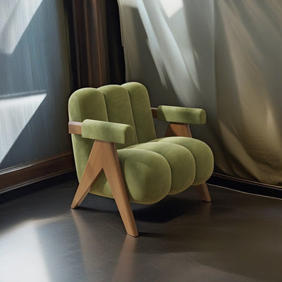 Contemporary Nordic Cream Square Wood Fabric Accent Chair Backrest Armrest For Living Room