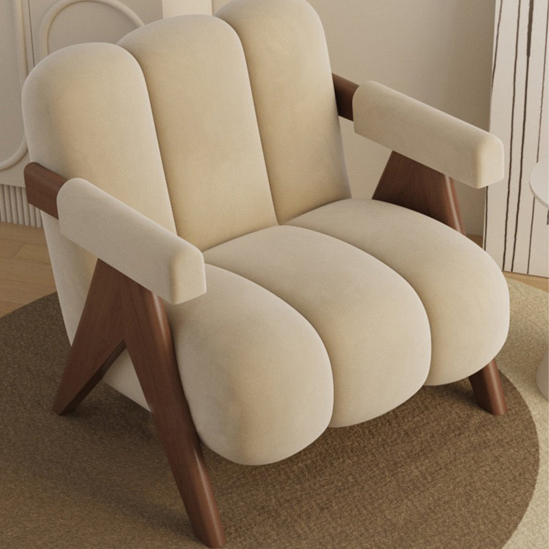 Contemporary Nordic Cream Square Wood Fabric Accent Chair Backrest Armrest For Living Room