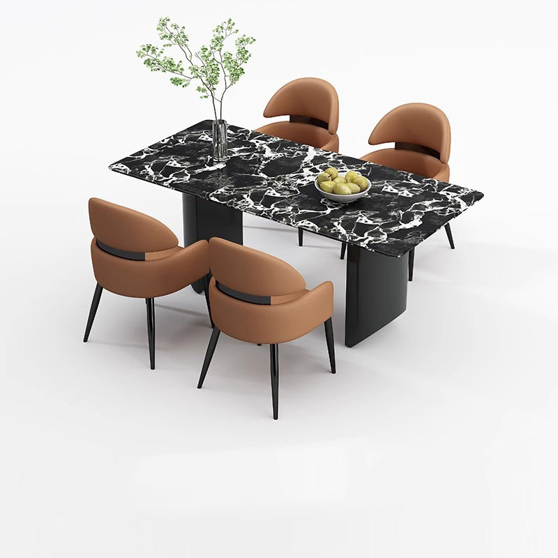 Chaise de salle à manger moderne minimaliste carrée en métal courbé avec dossier et accoudoirs en cuir 