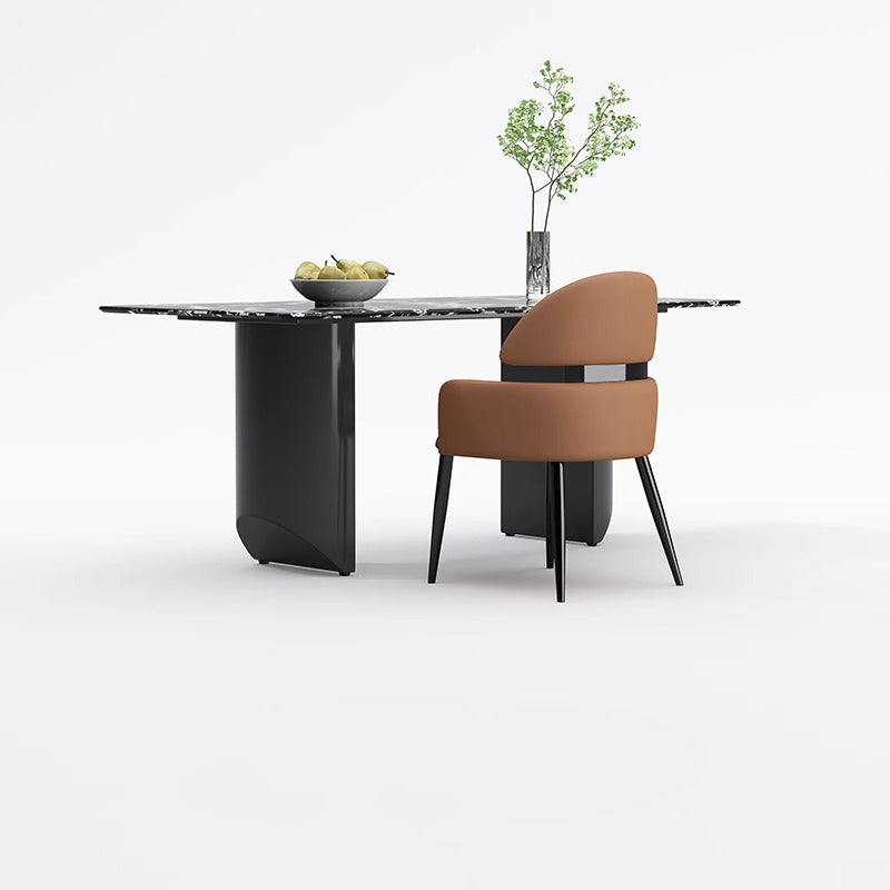 Chaise de salle à manger moderne minimaliste carrée en métal courbé avec dossier et accoudoirs en cuir 