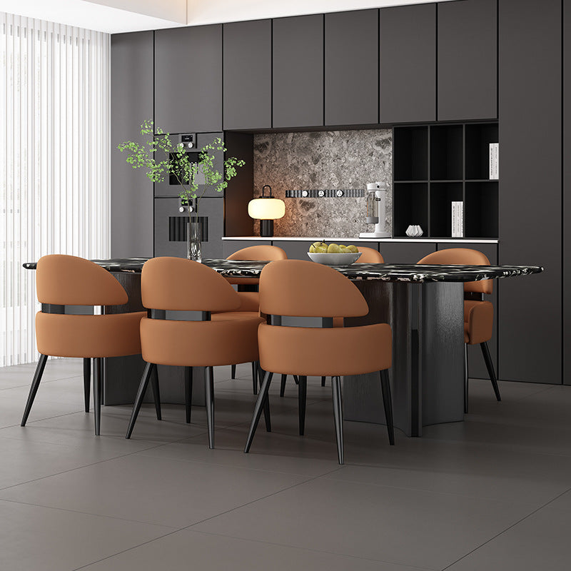 Chaise de salle à manger moderne minimaliste carrée en métal courbé avec dossier et accoudoirs en cuir 