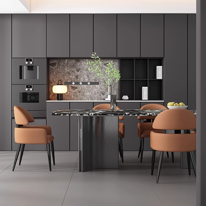 Chaise de salle à manger moderne minimaliste carrée en métal courbé avec dossier et accoudoirs en cuir 