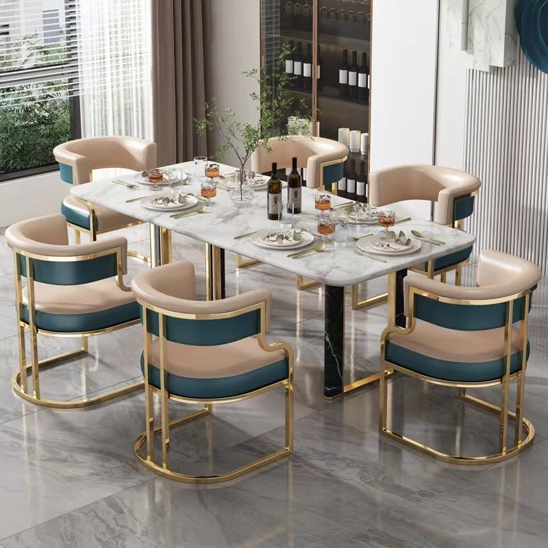 Chaise de salle à manger moderne en cuir et métal avec dossier et accoudoirs incurvés en demi-cercle pour salle à manger 