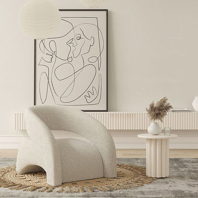 Contemporary Scandinavian Cream Curved Square Wood Lambswool Velvet Accent Chair Backrest Armrest For Living Room