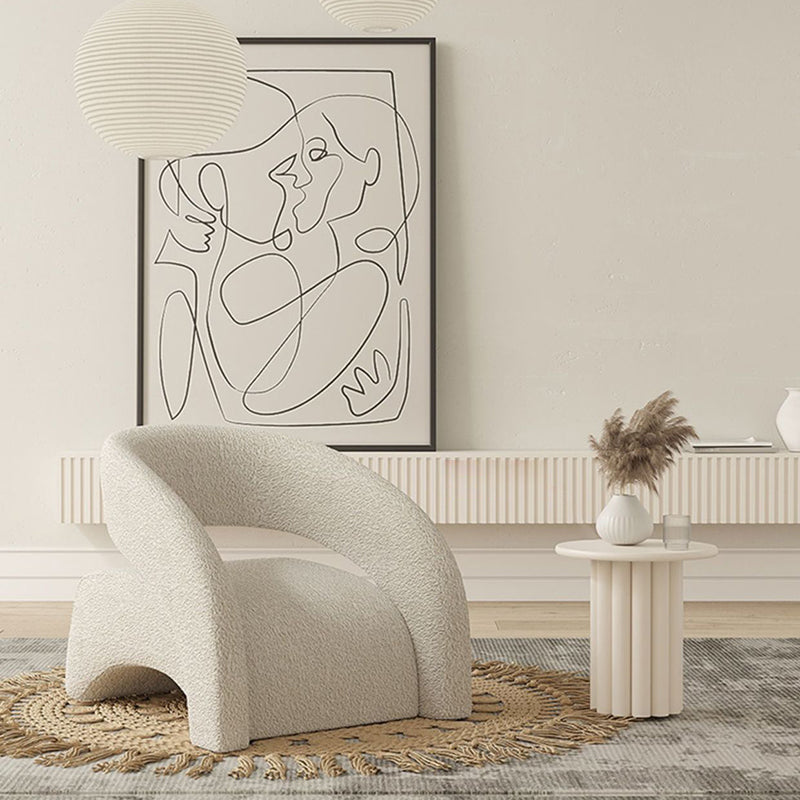 Contemporary Scandinavian Cream Curved Square Wood Lambswool Velvet Accent Chair Backrest Armrest For Living Room