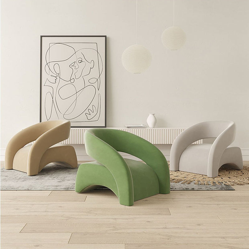Contemporary Scandinavian Cream Curved Square Wood Lambswool Velvet Accent Chair Backrest Armrest For Living Room