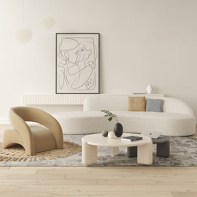 Contemporary Scandinavian Cream Curved Square Wood Lambswool Velvet Accent Chair Backrest Armrest For Living Room