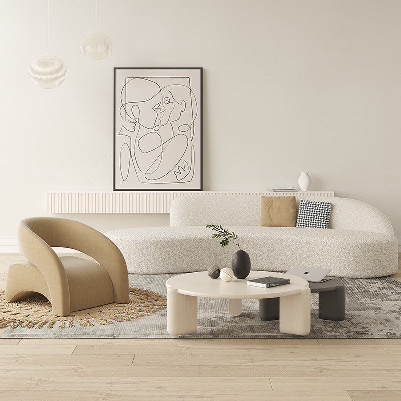 Contemporary Scandinavian Cream Curved Square Wood Lambswool Velvet Accent Chair Backrest Armrest For Living Room