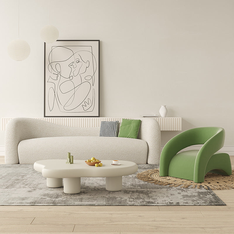Contemporary Scandinavian Cream Curved Square Wood Lambswool Velvet Accent Chair Backrest Armrest For Living Room