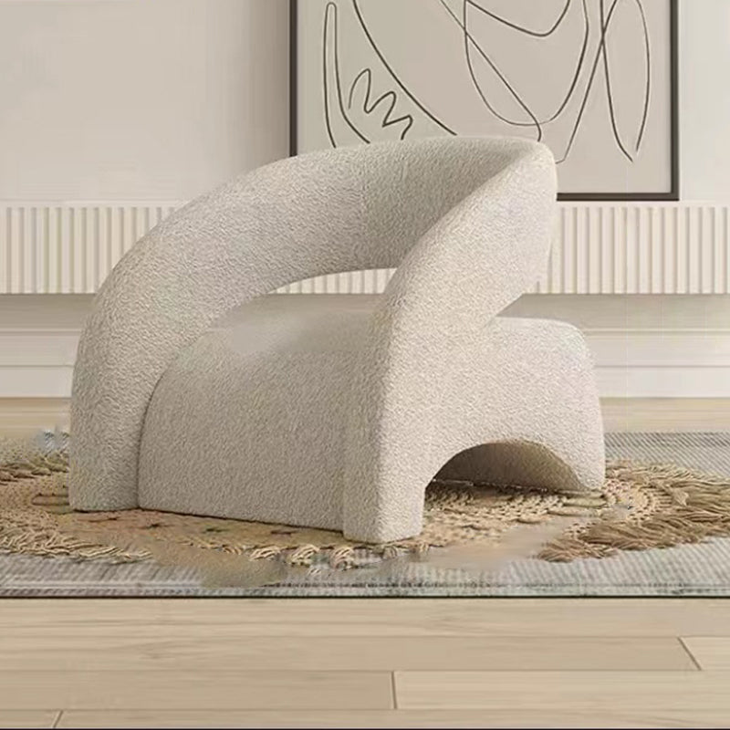 Contemporary Scandinavian Cream Curved Square Wood Lambswool Velvet Accent Chair Backrest Armrest For Living Room