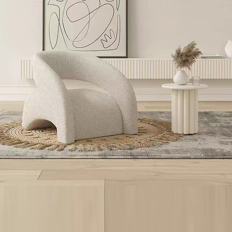 Contemporary Scandinavian Cream Curved Square Wood Lambswool Velvet Accent Chair Backrest Armrest For Living Room