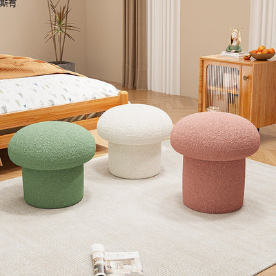 Contemporary Scandinavian Creative Mushroom Round Cylinder Wood Lambswool Vanity Stool For Bedroom