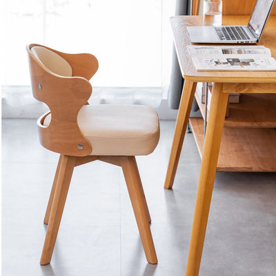 Modern Minimalist Rotatable Square Curve Wood Leather Dining Chair Backrest Armrest For Dining Room