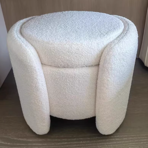 Contemporary Nordic Cream Storable Round Cylinder Solid Wood Sherpa Fabric Vanity Stool For Bedroom